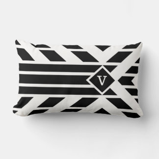 Black Quadrilateral Stripes on White with Monogram Lumbar Pillow