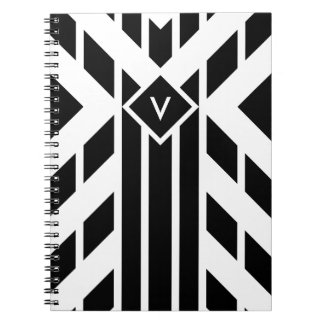 Black Quadrilateral Stripes on White with Monogram Notebook