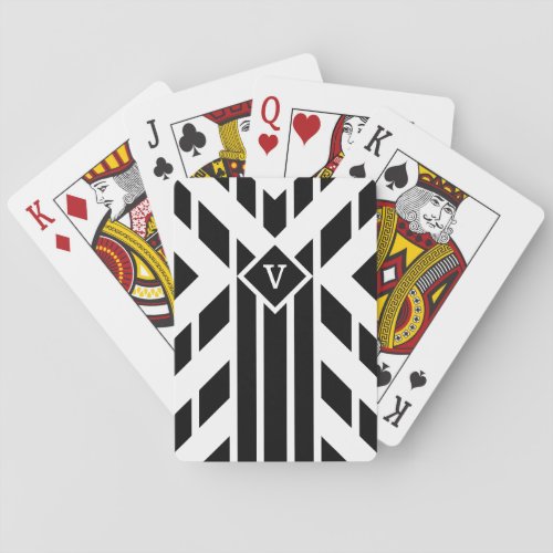 Black Quadrilateral Stripes on White with Monogram Playing Cards