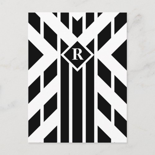 Black Quadrilateral Stripes on White with Monogram Postcard