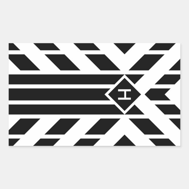 Black Quadrilateral Stripes on White with Monogram Rectangular Sticker (Front)