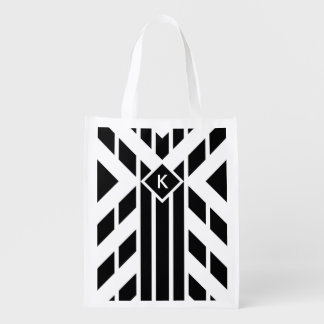 Black Quadrilateral Stripes on White with Monogram Reusable Grocery Bag