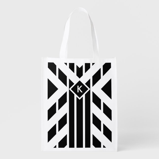 Black Quadrilateral Stripes on White with Monogram Reusable Grocery Bag (Front)