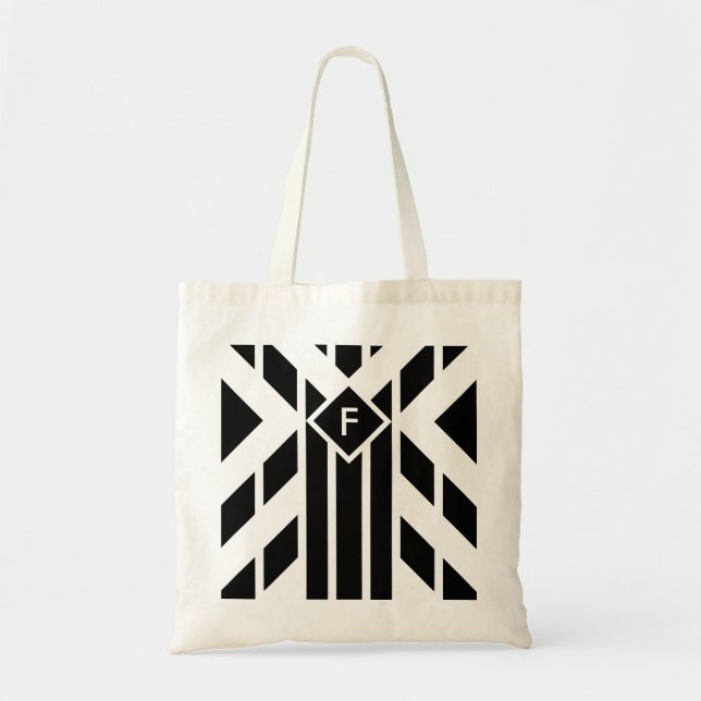 Black Quadrilateral Stripes on White with Monogram Tote Bag (Front)
