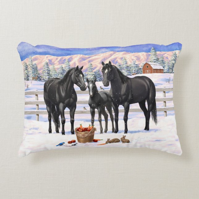 Black Quarter Horses In Snow Accent Pillow (Front)