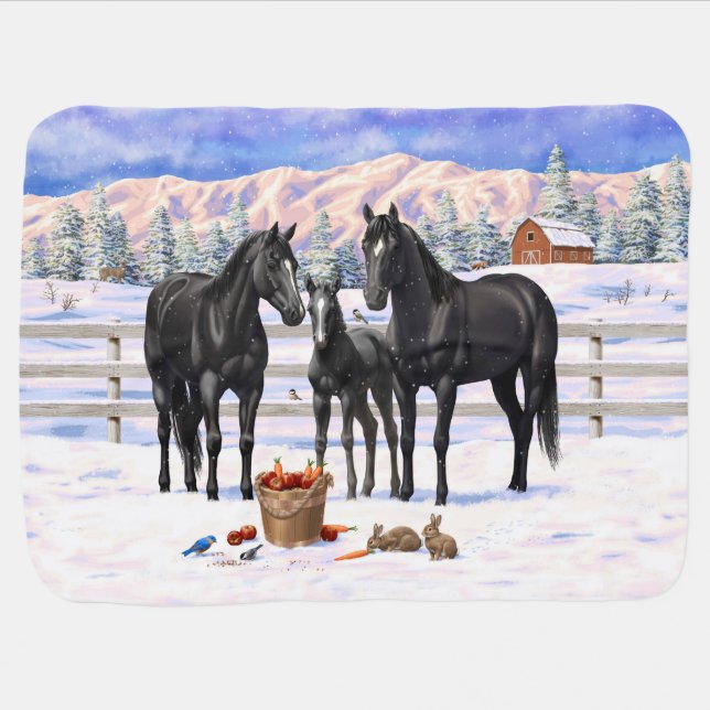 Black Quarter Horses In Snow Baby Blanket (Horizontal)
