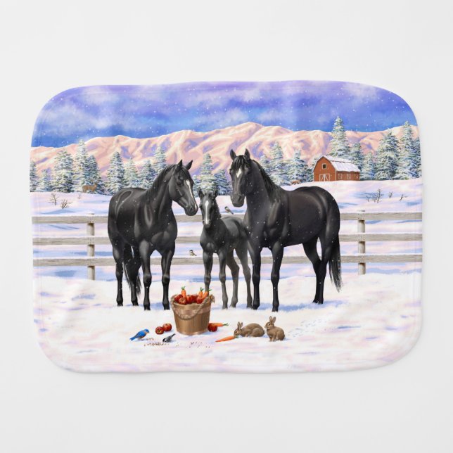 Black Quarter Horses In Snow Baby Burp Cloth (Front Horizontal)