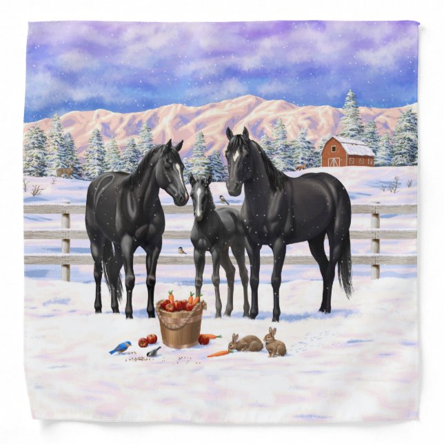 Black Quarter Horses In Snow Bandana (Front)