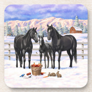 Black Quarter Horses In Snow Beverage Coaster