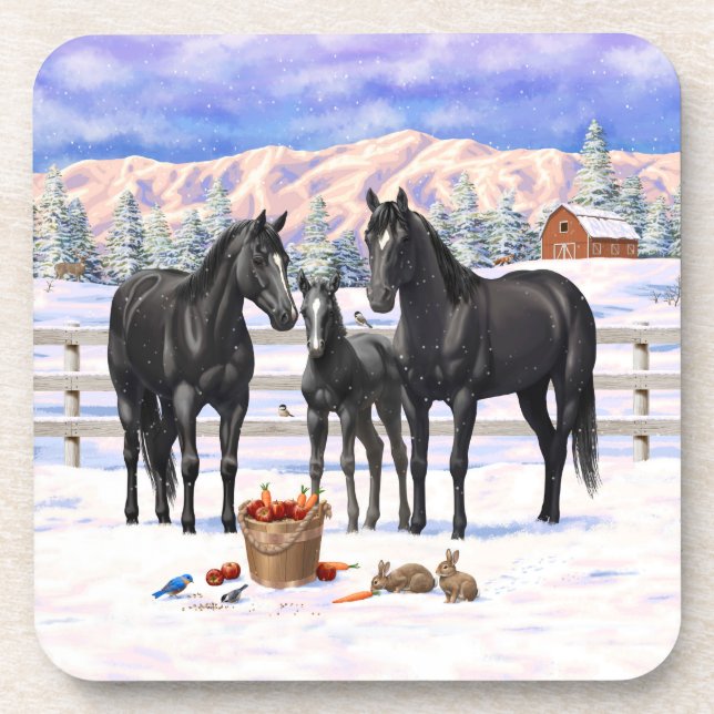 Black Quarter Horses In Snow Beverage Coaster (Front)