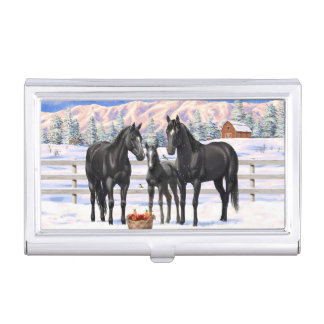 Black Quarter Horses In Snow Business Card Case