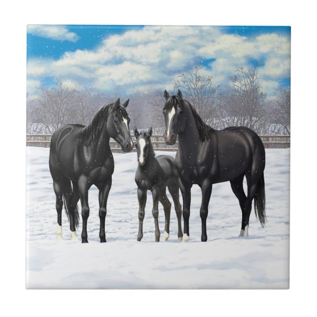 Black Quarter Horses In Snow Ceramic Tile (Front)