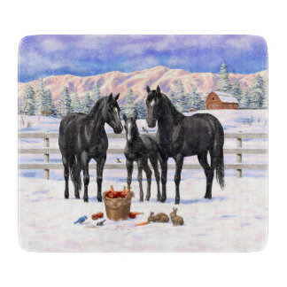 Black Quarter Horses In Snow Cutting Board