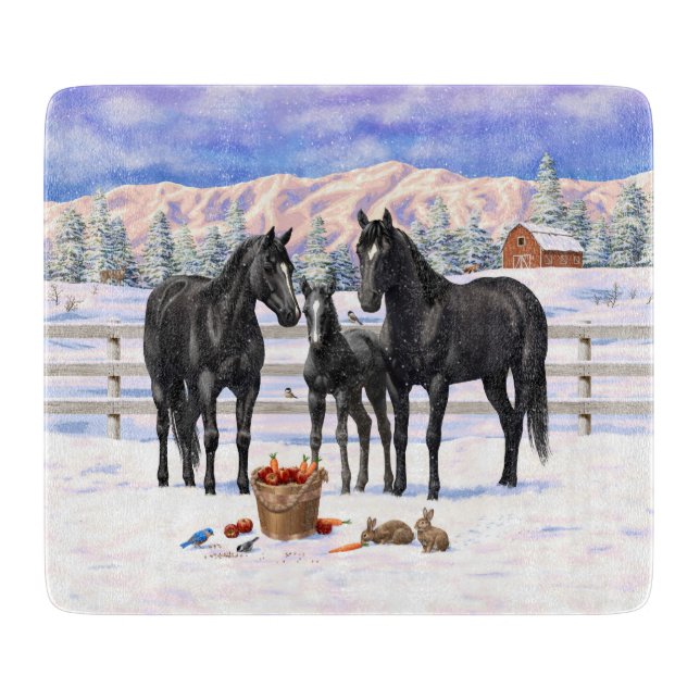 Black Quarter Horses In Snow Cutting Board (Front)