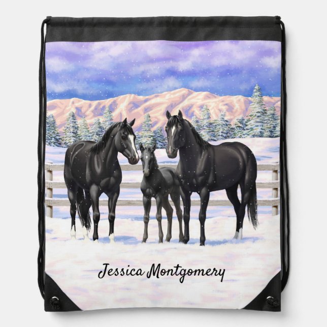 Black Quarter Horses In Snow Drawstring Bag (Front)
