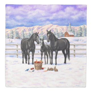 Black Quarter Horses In Snow Duvet Cover