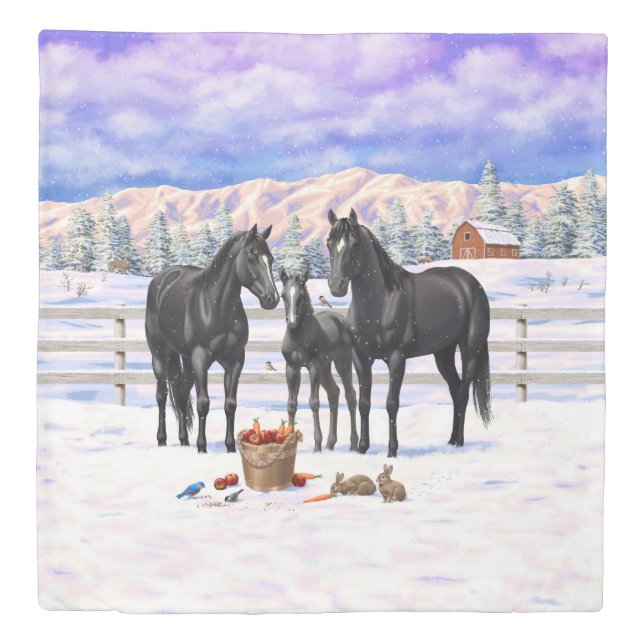 Black Quarter Horses In Snow Duvet Cover (Front)