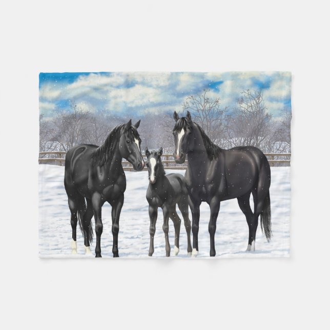 Black Quarter Horses In Snow Fleece Blanket (Front (Horizontal))