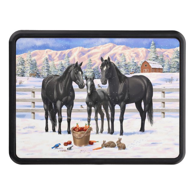 Black Quarter Horses In Snow Hitch Cover (Front)
