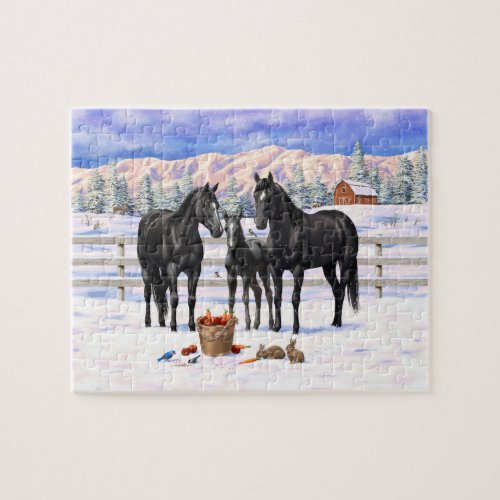 Black Quarter Horses In Snow Jigsaw Puzzle