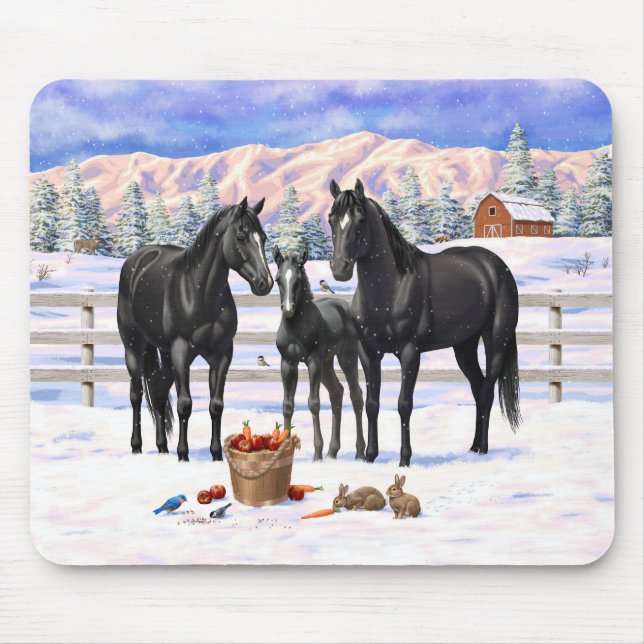 Black Quarter Horses In Snow Mouse Pad (Front)