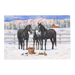 Black Quarter Horses In Snow Placemat