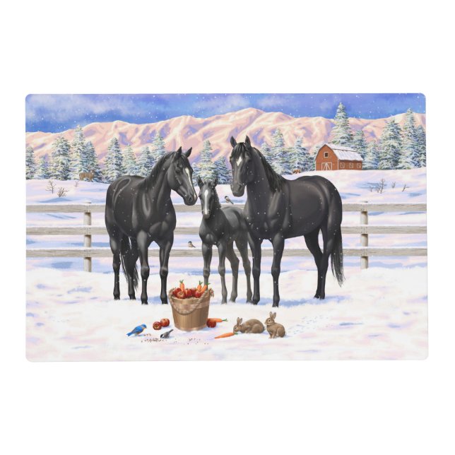 Black Quarter Horses In Snow Placemat (Front)