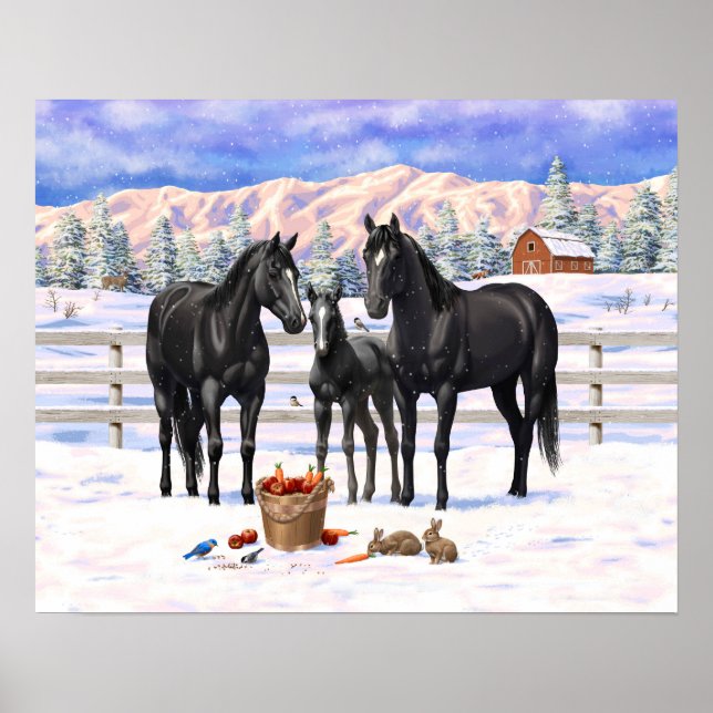 Black Quarter Horses In Snow Poster (Front)