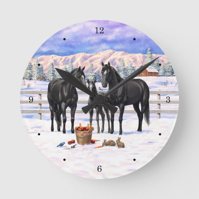 Black Quarter Horses In Snow Round Clock (Front)