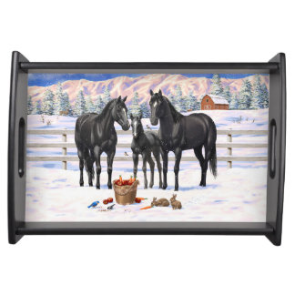 Black Quarter Horses In Snow Serving Tray