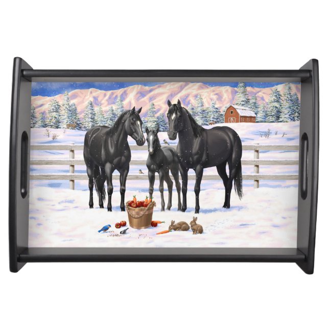 Black Quarter Horses In Snow Serving Tray (Front)