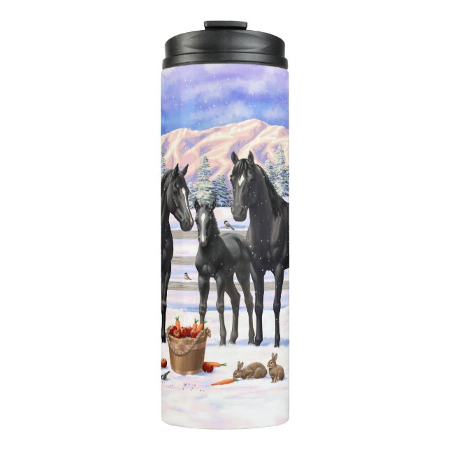 Black Quarter Horses In Snow Thermal Tumbler (Front)