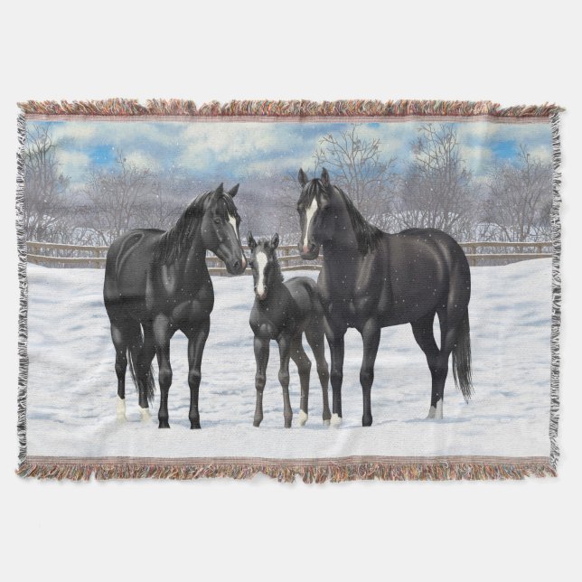 Black Quarter Horses In Snow Throw Blanket (Front)