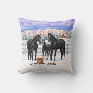 Black Quarter Horses In Snow Throw Pillow