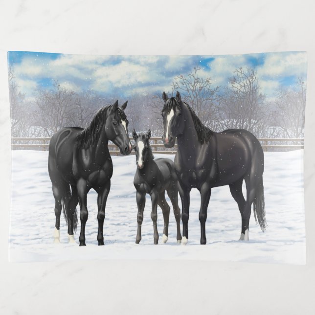 Black Quarter Horses In Snow Trinket Tray (Front)