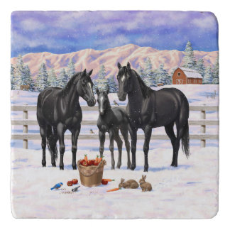Black Quarter Horses In Snow Trivet