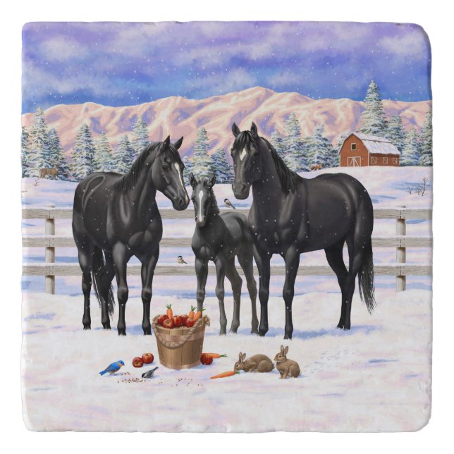 Black Quarter Horses In Snow Trivet (Front)