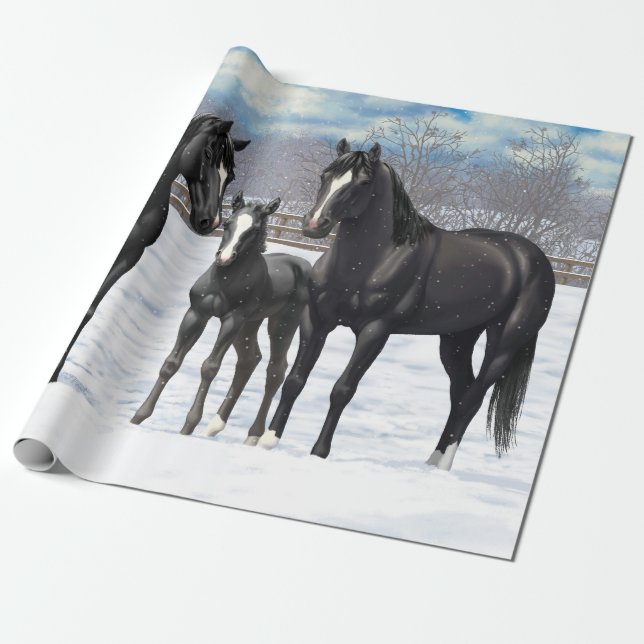 Black Quarter Horses In Snow Wrapping Paper (Unrolled)