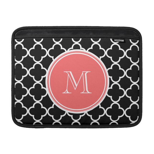 Black Quatrefoil Pattern, Coral Monogram MacBook Sleeve (Front)