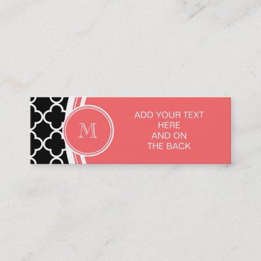 Customizable Black Quatrefoil Pattern, Coral Monogram Business Card Templates