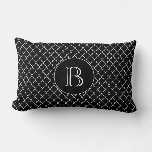 Black Quatrefoil Pattern Custom Monogram Lumbar Pillow (Front)
