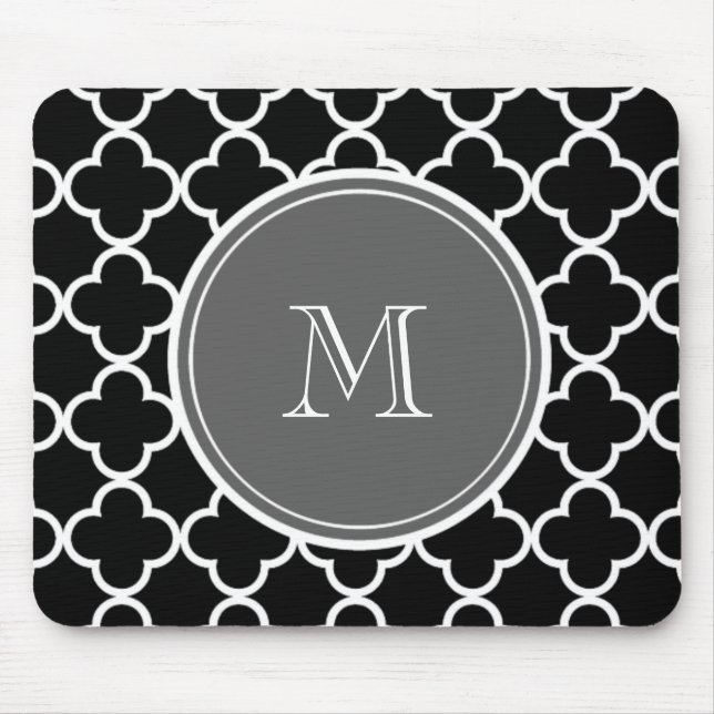 Black Quatrefoil Pattern, Gray Monogram Mouse Pad (Front)