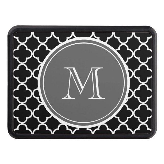 Black Quatrefoil Pattern, Gray Monogram Trailer Hitch Cover (Front)
