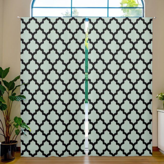 Black quatrefoil pattern on custom sage-green blackout curtains (Living Room)