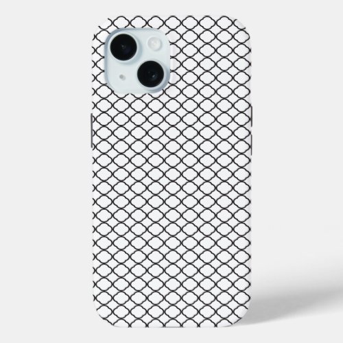 Black Quatrefoil Pattern White Background iPhone 15 Case