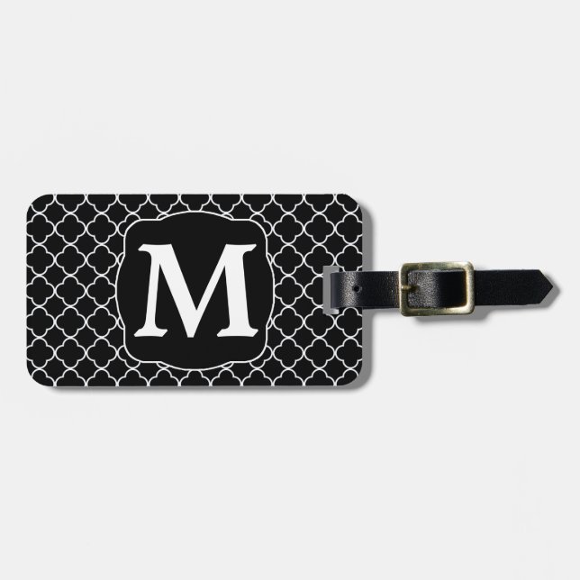 Black Quatrefoil White Monogram Luggage Tag (Front Horizontal)