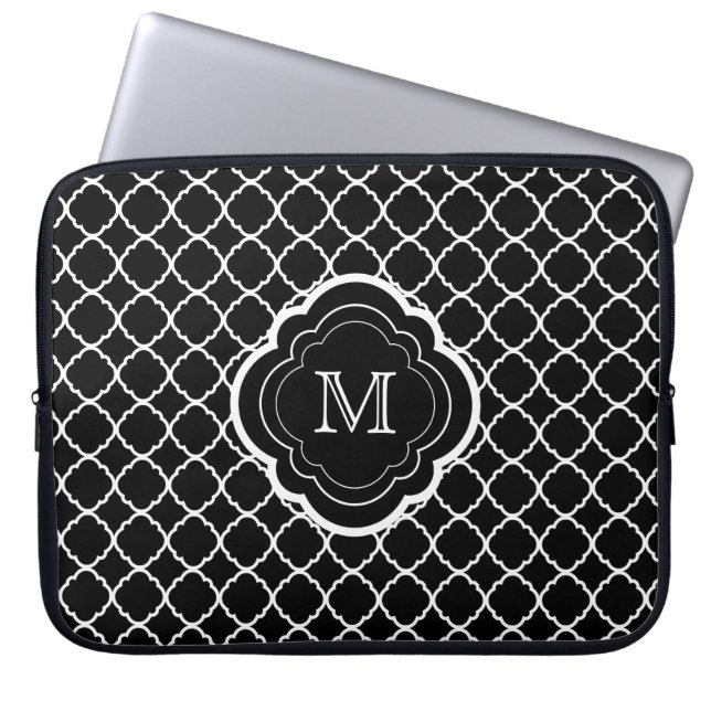 Black Quatrefoil with Monogram Laptop Sleeve (Front)