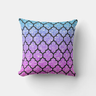 Black Quatrefoil With Pink & Blue Glitter Outdoor Pillow
