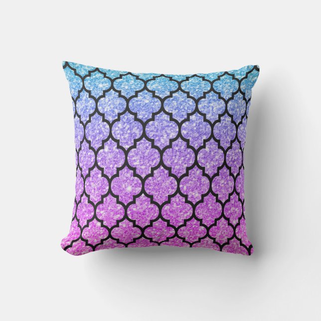 Black Quatrefoil With Pink & Blue Glitter Outdoor Pillow (Front)