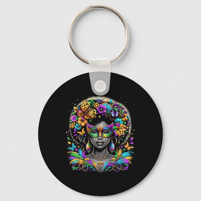 Black Queen Afro African Beads Mask Mardi Gras Car Keychain (Front)